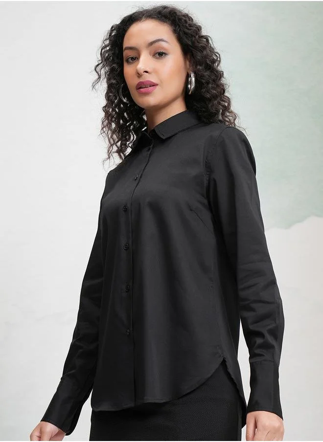 Tokyo Talkies Tokyo Talkies Solid Cotton Long Sleeve Collared Shirt
