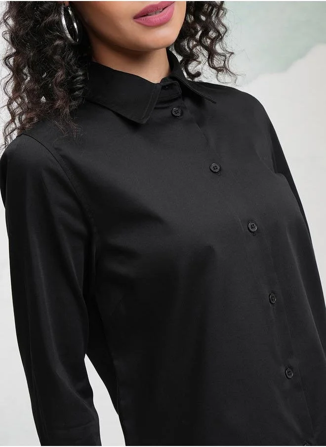 Tokyo Talkies Tokyo Talkies Solid Cotton Long Sleeve Collared Shirt