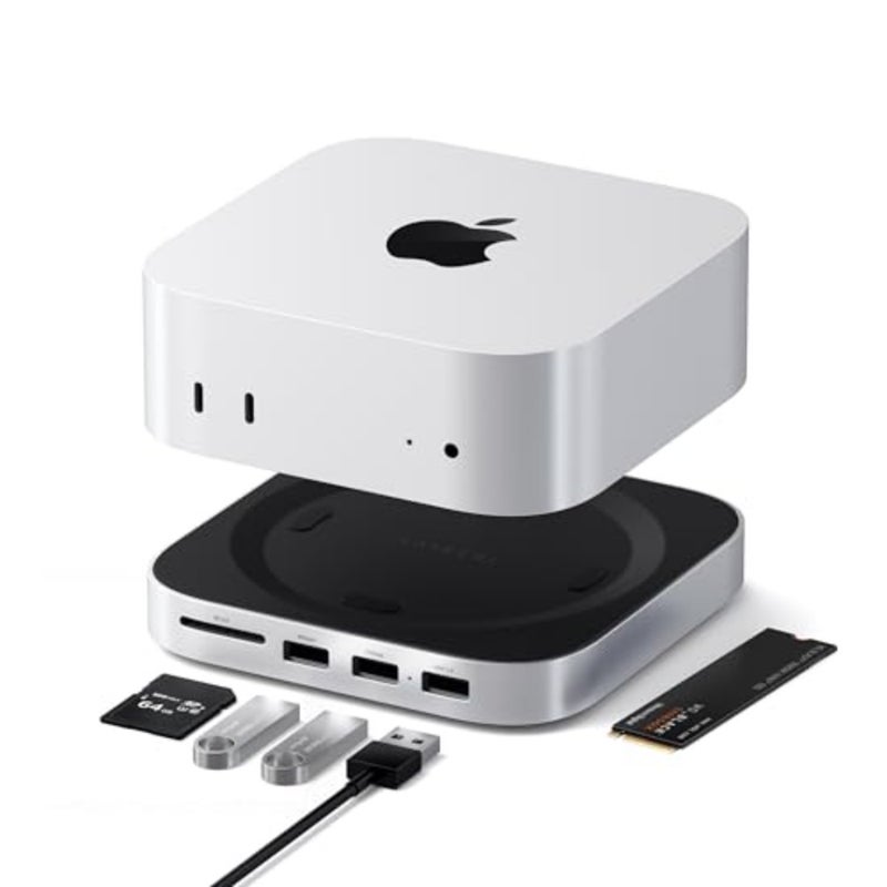 Mac Mini M4 Hub and Stand with NVMe SSD Enclosure, Dock with 2 USB-A Up to 10Gbps Ports, USB-A Data Port, SD Card Reader for Mac Mini M4, M4 Pro, Optimized Self-Cooling - Silver - Image 1