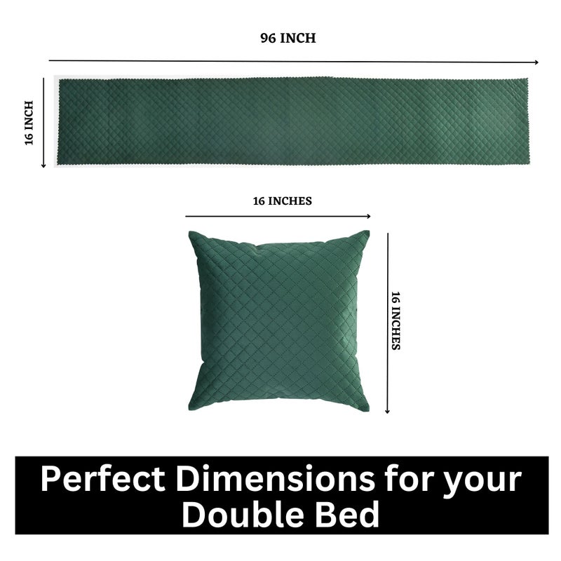 Shri Anand Creations Shri Anand Creations Premium Velvet Quilted Set Of Bed Runner(16 X 96 Inches)And 2 Pillow Cover(16 X 16 Inches)Combo Set- Green,210 TC  - Image 4