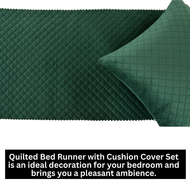 Shri Anand Creations Shri Anand Creations Premium Velvet Quilted Set Of Bed Runner(16 X 96 Inches)And 2 Pillow Cover(16 X 16 Inches)Combo Set- Green,210 TC  - Image 3