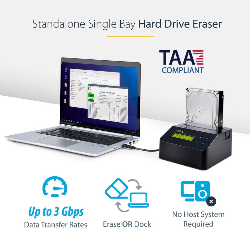 StarTech.com USB 3.0 Hard Drive Eraser Dock for 2.5" & 3.5" SATA/IDE SSD HDD + mSATA & M.2 - Standalone Secure Erase Wiper & Sanitizer (SDOCK1EU3P) - Image 2