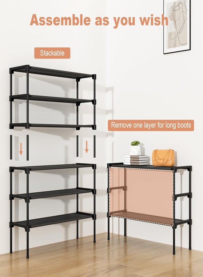 BrFoYu 3 Tier Wide Shoe Rack for Closet 16 Pairs Small Spaces Non-Woven Shoe Organizer Stackable Metal Shoe Shelf for Entryway, Bedroom - Image 5