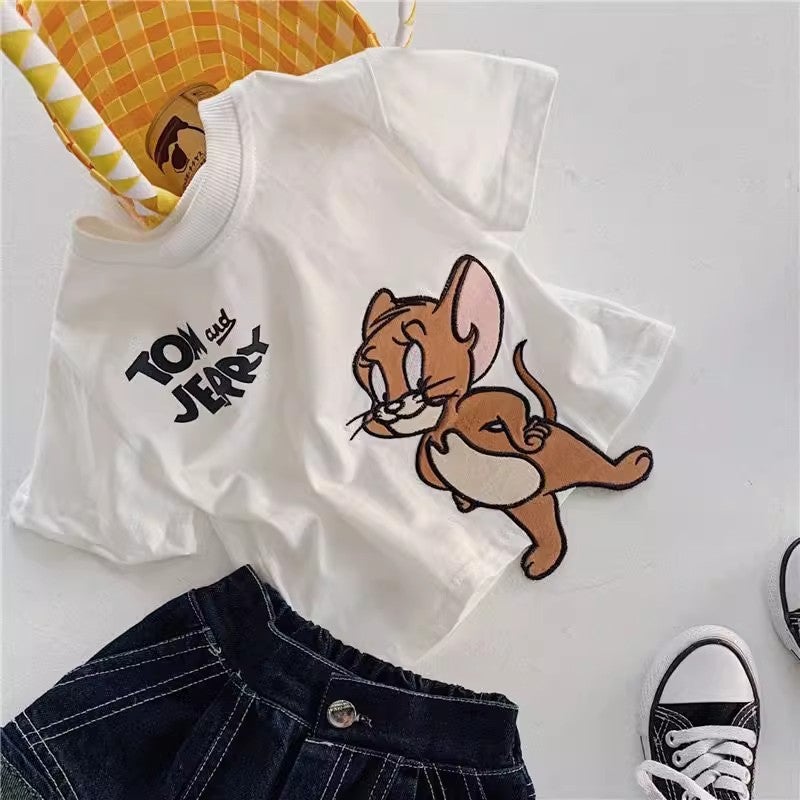 Pure Cotton Summer New Style Cartoon Embroidered Short-Sleeved Tops for Boys and Girls, T-Shirt Tops for Children and Middle-Aged Children - Image 4