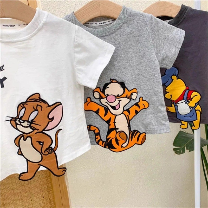Pure Cotton Summer New Style Cartoon Embroidered Short-Sleeved Tops for Boys and Girls, T-Shirt Tops for Children and Middle-Aged Children - Image 2