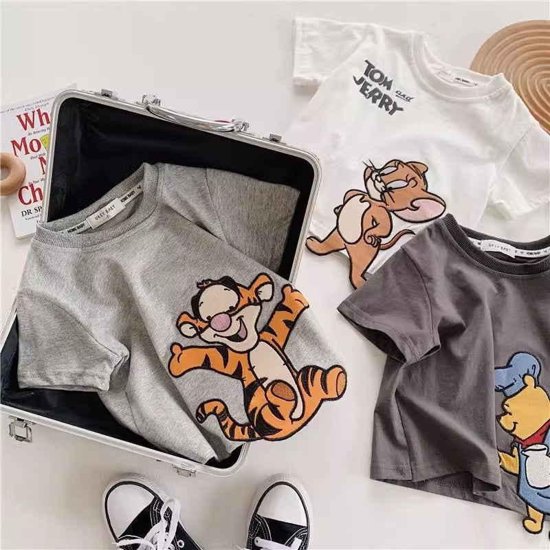 Pure Cotton Summer New Style Cartoon Embroidered Short-Sleeved Tops for Boys and Girls, T-Shirt Tops for Children and Middle-Aged Children - Image 5