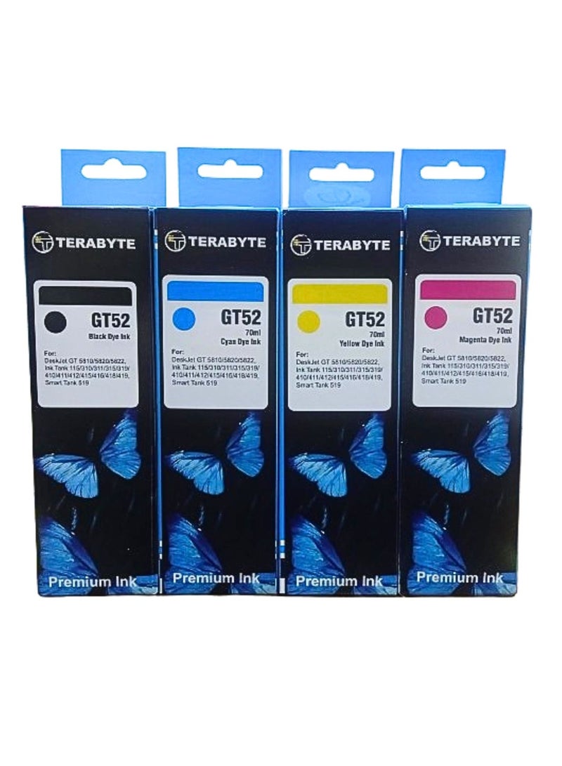 Terabyte GT52 GT53 Ink Bottle for Ink Tank 319 410 419 Smart Tank 500 502 508 511 514 518 519 530 531 532 533 538 571 615 618 655 720 750 790 DeskJet GT 5810 5820 5822 115 118 310 311 (Pack of 4) - Image 1