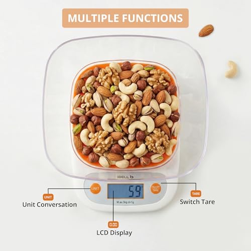 iBELL Digital Kitchen Weighing Scale for Health, LCD Display, High Precision Sensors, Tare Function, up to 5KG, Portable Food Weight Machine for Health, Fitness, Home Baking & Cooking - KS502 (Orange) - Image 5