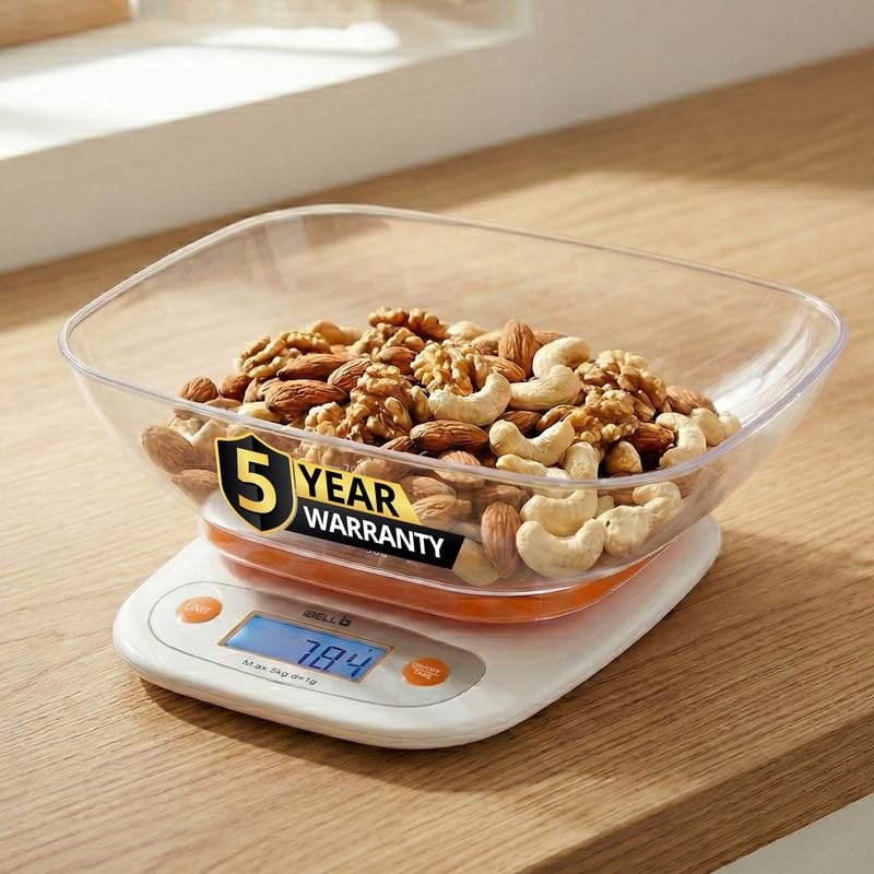 iBELL Digital Kitchen Weighing Scale for Health, LCD Display, High Precision Sensors, Tare Function, up to 5KG, Portable Food Weight Machine for Health, Fitness, Home Baking & Cooking - KS502 (Orange) - Image 1