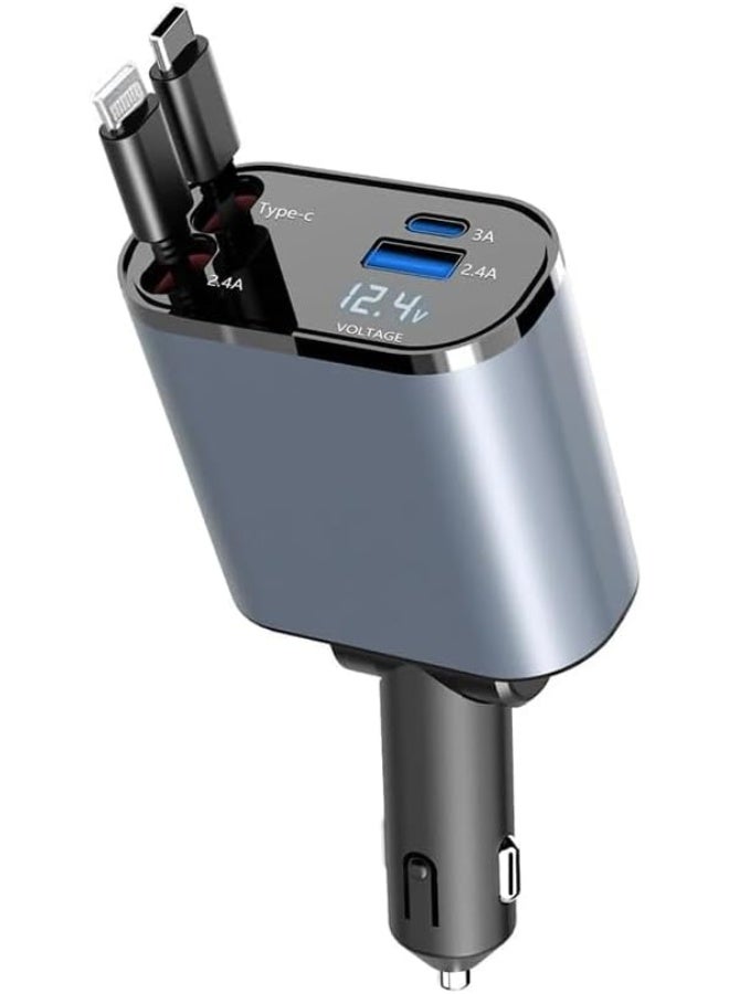 Retractable Car Charger, 4 in 1 Fast Car Phone Charger 60W, Retractable Cables and USB Car Charger,Compatible with iPhone 15/14/13/12/11 - Image 1