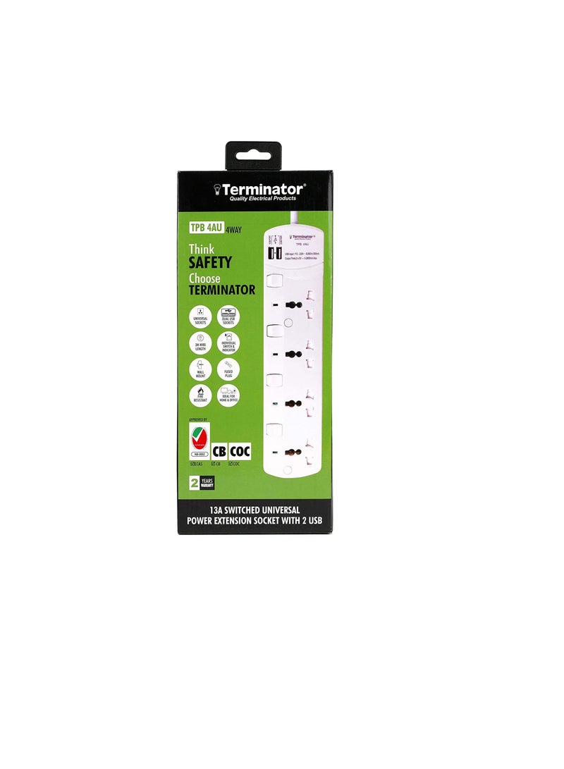 Terminator Extension 4G/3M + 2 USB TPB 4AU Universal Socket W/Individual Switches & Indicators Terminator  - Image 1