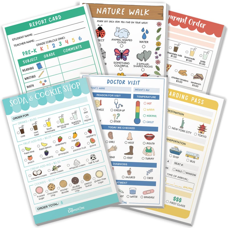 Tiny Expressions Pretend Play Notepads - 6-Pack Kids Play Pads - 40 Pages Each of Restaurant, Doctor, Boarding Pass, Report Card, Nature Walk & Soda Shop for Imaginative Role Play - Image 1