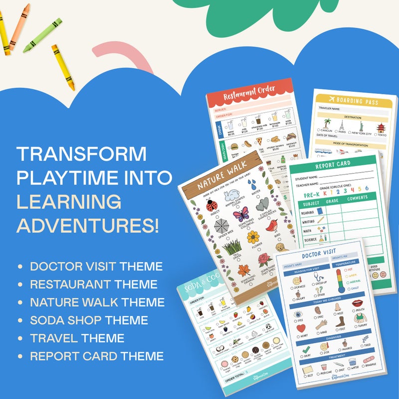 Tiny Expressions Pretend Play Notepads - 6-Pack Kids Play Pads - 40 Pages Each of Restaurant, Doctor, Boarding Pass, Report Card, Nature Walk & Soda Shop for Imaginative Role Play - Image 2