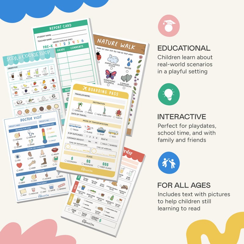 Tiny Expressions Pretend Play Notepads - 6-Pack Kids Play Pads - 40 Pages Each of Restaurant, Doctor, Boarding Pass, Report Card, Nature Walk & Soda Shop for Imaginative Role Play - Image 4
