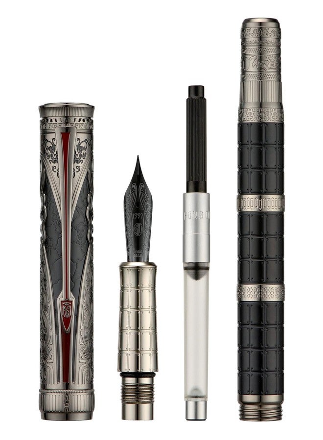 Asvine Hongdian D5X Fountain Pen Black Fine Nib, Qin Dynasty Retro Chinese Totem Engraving with Converter and Pen Box Set - Image 3