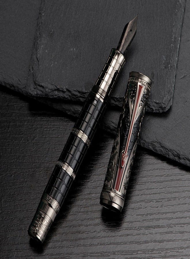 Asvine Hongdian D5X Fountain Pen Black Fine Nib, Qin Dynasty Retro Chinese Totem Engraving with Converter and Pen Box Set - Image 4