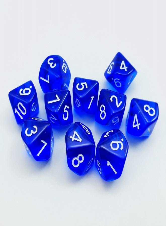 Bescon Polyhedral 10 Sides Dice with Number 1-10, Blue Transparent 10 Sided Dice, 10 Sides Cube 1-10, 10pcs Set - Image 1
