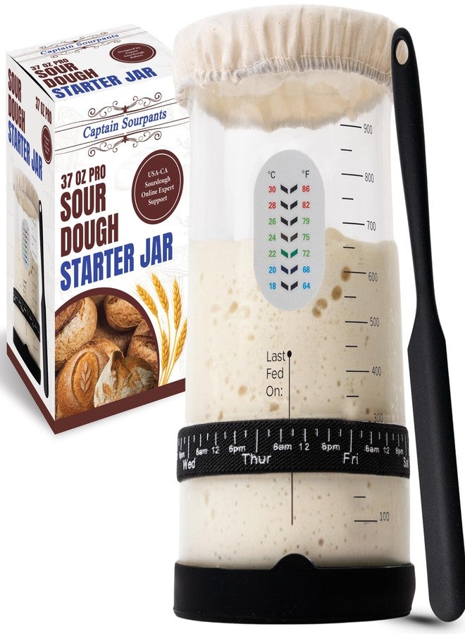 Captain Sourpants Pro Sourdough Starter Kit -37oz Wide Mouth Sourdough Starter Jar Kit for Bread - Large Glass Sourdough Jar, Feeding Band, Cloth Cover, Spatula & Thermometer–Best Sourdough Bread Kit for Beginners - Image 1