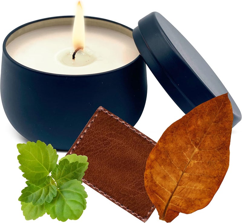 Relaxcation Soy Wax Candle in Perfect Decorative Giftable Metal Tin - Pure Organic Soy Wax and Natural Oils - for Living Room Handmade in USA (Tobacco Leather) - Image 1