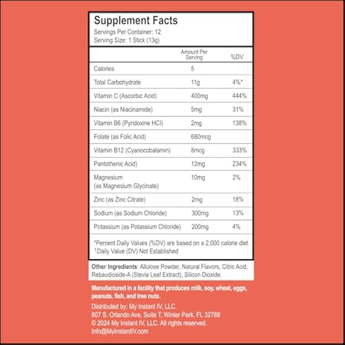 Instant IV Electrolytes Powder - 3X Electrolytes, Zero Sugar with Vitamin C, B3, B6, Electrolytes Powder Packets for Hydration, Recovery & Immunity, Vegan & Gluten Free | Peach - 12 Packets - Image 4