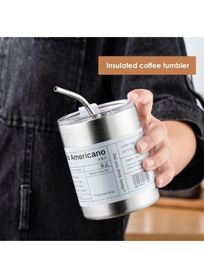 Portable Double Wall Vacuum Insulated Stainless Steel Coffee Mug - 350ml with Straw and Lid Double Wall Insulated Travel Camping Mug for Cold and Hot Drinks - Silver  - Image 2