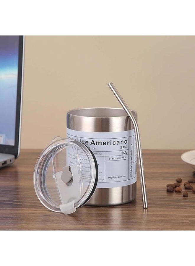 Portable Double Wall Vacuum Insulated Stainless Steel Coffee Mug - 350ml with Straw and Lid Double Wall Insulated Travel Camping Mug for Cold and Hot Drinks - Silver  - Image 3