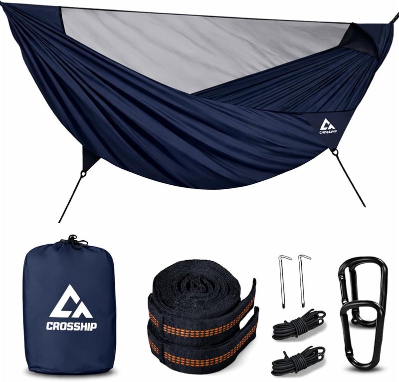 CROSSHIP Camping Hammock with Mosquito Net, 2 Person Hammock Bug Net, Portable, Parachute Nylon for Outdoor, Camping, Hiking, Backpacking, Backyard, Beach, Travel (Hold Up to 500lbs) (Midnight Blue) - Image 1