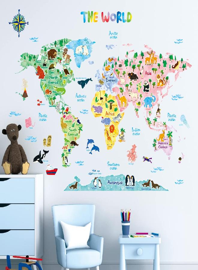 Decowall DECOWALL BS-1615S Animal World Map Kids Wall Stickers Wall Decals Peel and Stick Removable Wall Stickers for Kids Nursery Bedroom Living Room (Large) décor - Image 1