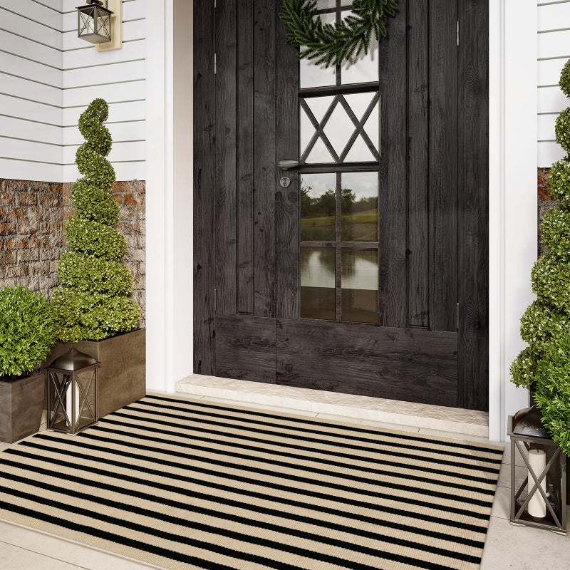 Sungea Outdoor Striped Rugs 3'x5', Black and Tan Cotton Hand Woven Front Door Mat,Washable Reversible Front Porch Rug, Foldable Layered Door Mats for Entryway/Home Entrance/Farmhouse - Image 1