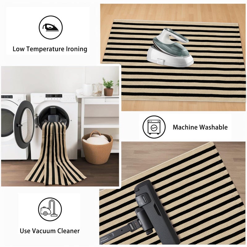 Sungea Outdoor Striped Rugs 3'x5', Black and Tan Cotton Hand Woven Front Door Mat,Washable Reversible Front Porch Rug, Foldable Layered Door Mats for Entryway/Home Entrance/Farmhouse - Image 5