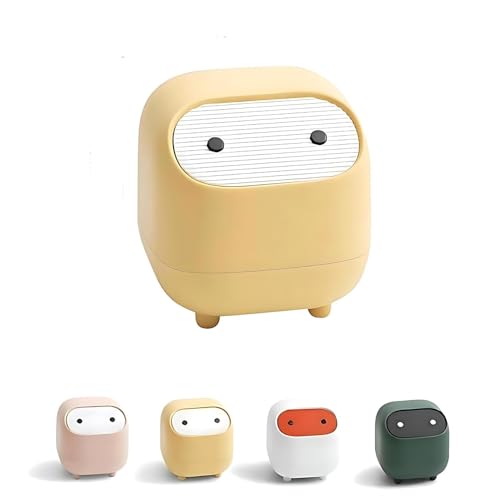 House of Quirk Mini Trash Can with Lid, Cute Ninja Desktop Dustbin, Small Plastic Garbage Can for Office Desk, Bathroom Vanity, Coffee Table & Home Use (Yellow) - Image 1