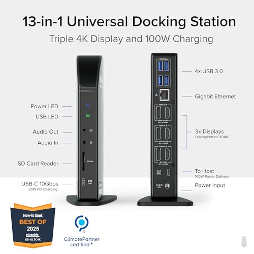 Plugable 13-in-1 USB C Docking Station 4K Triple Monitor with 100W Power Delivery | USB C Dock for Windows, Mac, ChromeOS, Thunderbolt | Driver Required | 3X HDMI and 3X DisplayPort (UD-ULTC4K) - Image 2