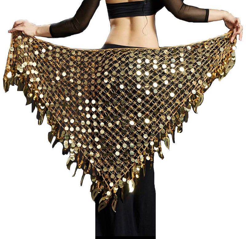 Lauthen.S Women Belly Dance Hip Scarf Sequins Mesh Triangle Wrap Skirt Waist Chain(Gold) - Image 5