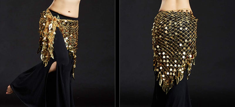 Lauthen.S Women Belly Dance Hip Scarf Sequins Mesh Triangle Wrap Skirt Waist Chain(Gold) - Image 2