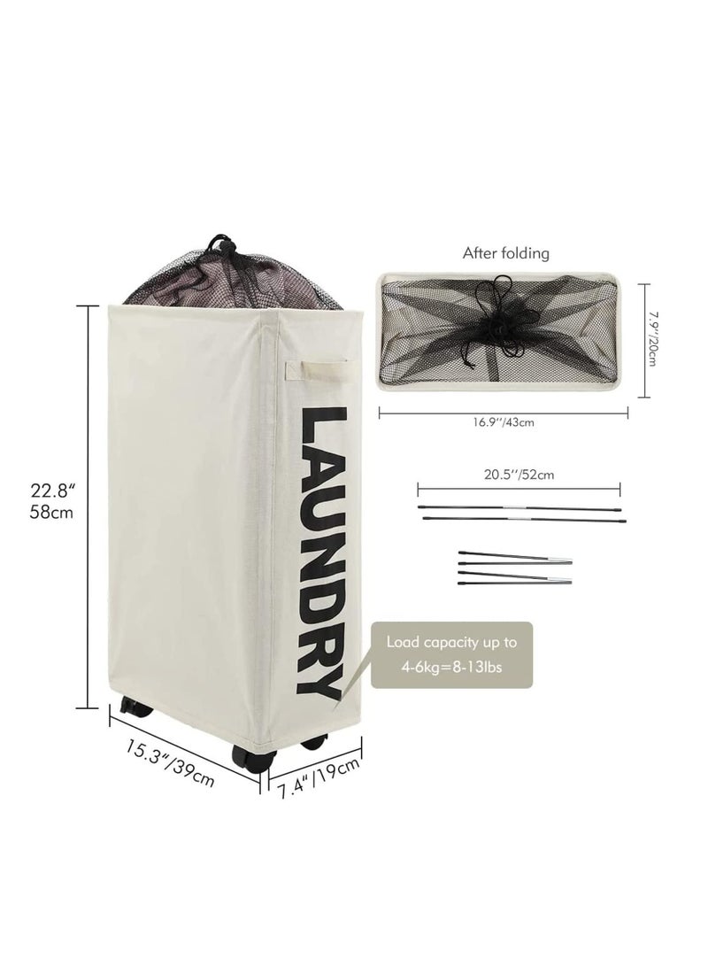 Laundry Hamper With 4 Wheels Rolling, Slim Tall Laundry Basket with Handle Foldable Dirty Clothes Basket for Corner Narrow 39cm Beige - Image 2