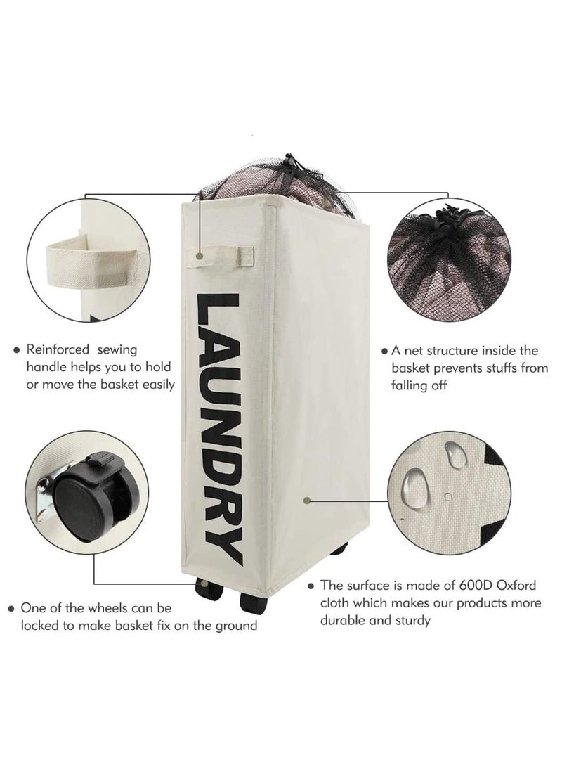 Laundry Hamper With 4 Wheels Rolling, Slim Tall Laundry Basket with Handle Foldable Dirty Clothes Basket for Corner Narrow 39cm Beige - Image 3