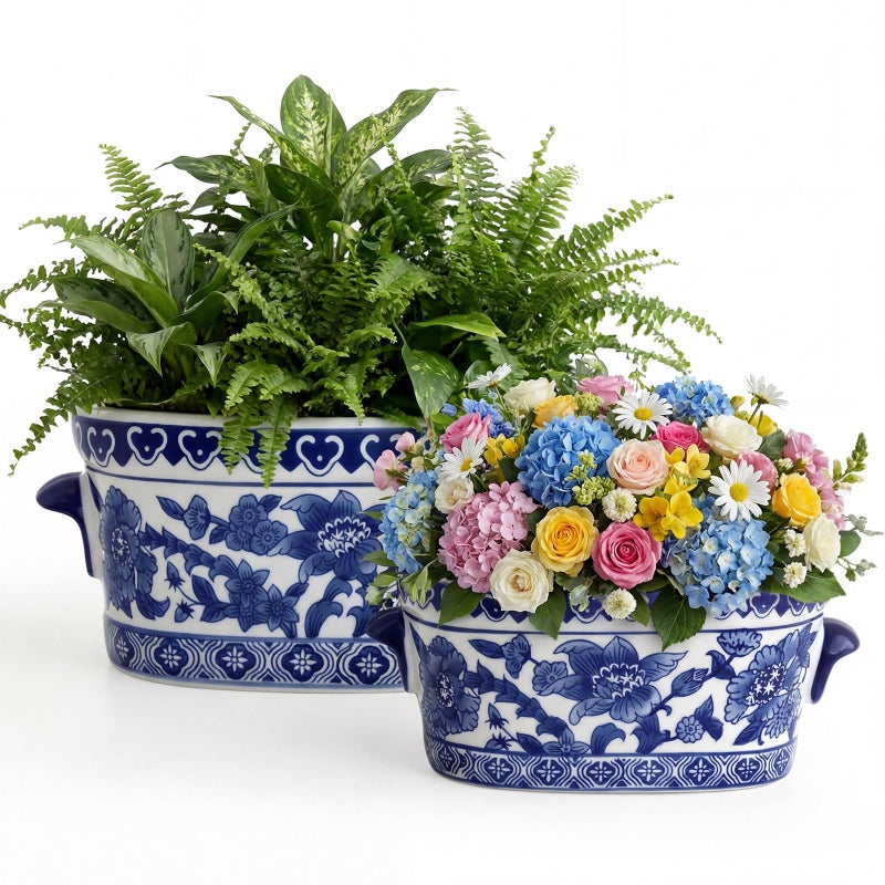 LemonRoad 2 Pc Blue and White Ceramic Planter Pot Chinoiserie Planter Vintage Floral Oval Cachepot Vase for Indoor Plants Succulents Pot Glazed Chinese Porcelain Style No Drainage (10.7'' + 8.3'') - Image 1