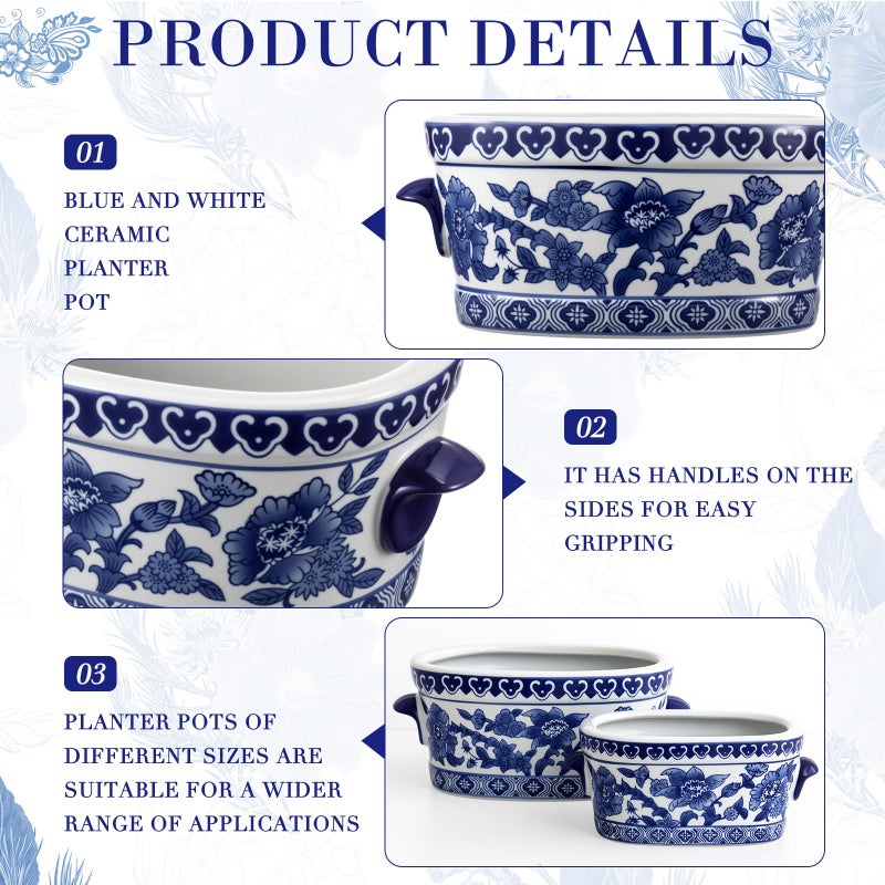 LemonRoad 2 Pc Blue and White Ceramic Planter Pot Chinoiserie Planter Vintage Floral Oval Cachepot Vase for Indoor Plants Succulents Pot Glazed Chinese Porcelain Style No Drainage (10.7'' + 8.3'') - Image 3
