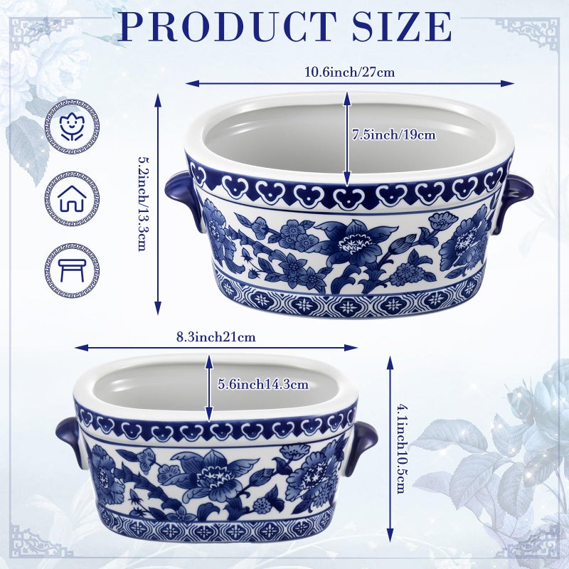 LemonRoad 2 Pc Blue and White Ceramic Planter Pot Chinoiserie Planter Vintage Floral Oval Cachepot Vase for Indoor Plants Succulents Pot Glazed Chinese Porcelain Style No Drainage (10.7'' + 8.3'') - Image 2