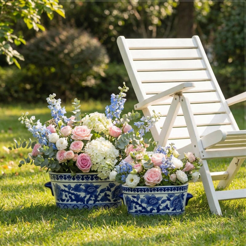 LemonRoad 2 Pc Blue and White Ceramic Planter Pot Chinoiserie Planter Vintage Floral Oval Cachepot Vase for Indoor Plants Succulents Pot Glazed Chinese Porcelain Style No Drainage (10.7'' + 8.3'') - Image 5