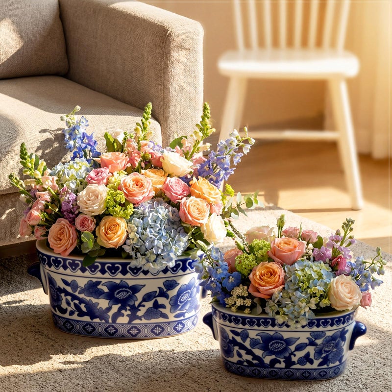 LemonRoad 2 Pc Blue and White Ceramic Planter Pot Chinoiserie Planter Vintage Floral Oval Cachepot Vase for Indoor Plants Succulents Pot Glazed Chinese Porcelain Style No Drainage (10.7'' + 8.3'') - Image 4