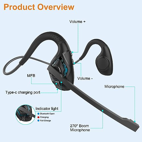 Golvery Latest Bluetooth 5.3 Headset w/DSP Noise Canceling Boom Microphone & Mute for Cellphone, Lightweight Comfort Open Ear Wireless Headphones for PC Laptop Office Meeting Home Working, 10H - Image 3