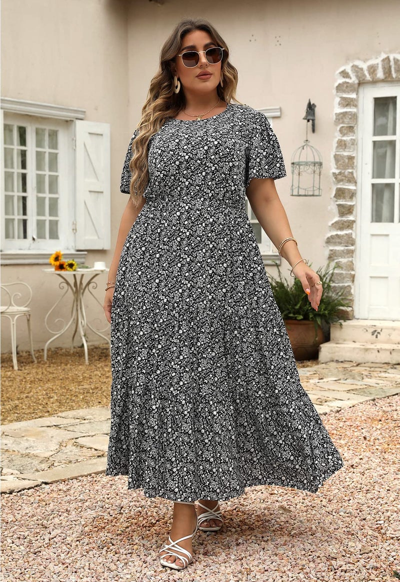 Nemidor Plus Size Maxi Dresses for Curvy Women Summer Casual Boho Ditsy Floral Print Layered Flared Long Dress with Pocket(304,20,Black Print) - Image 2