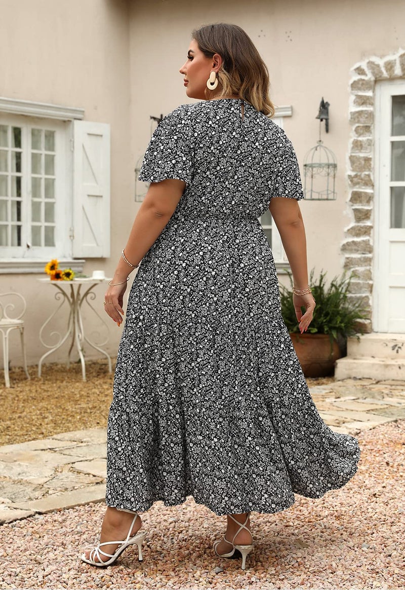 Nemidor Plus Size Maxi Dresses for Curvy Women Summer Casual Boho Ditsy Floral Print Layered Flared Long Dress with Pocket(304,20,Black Print) - Image 5