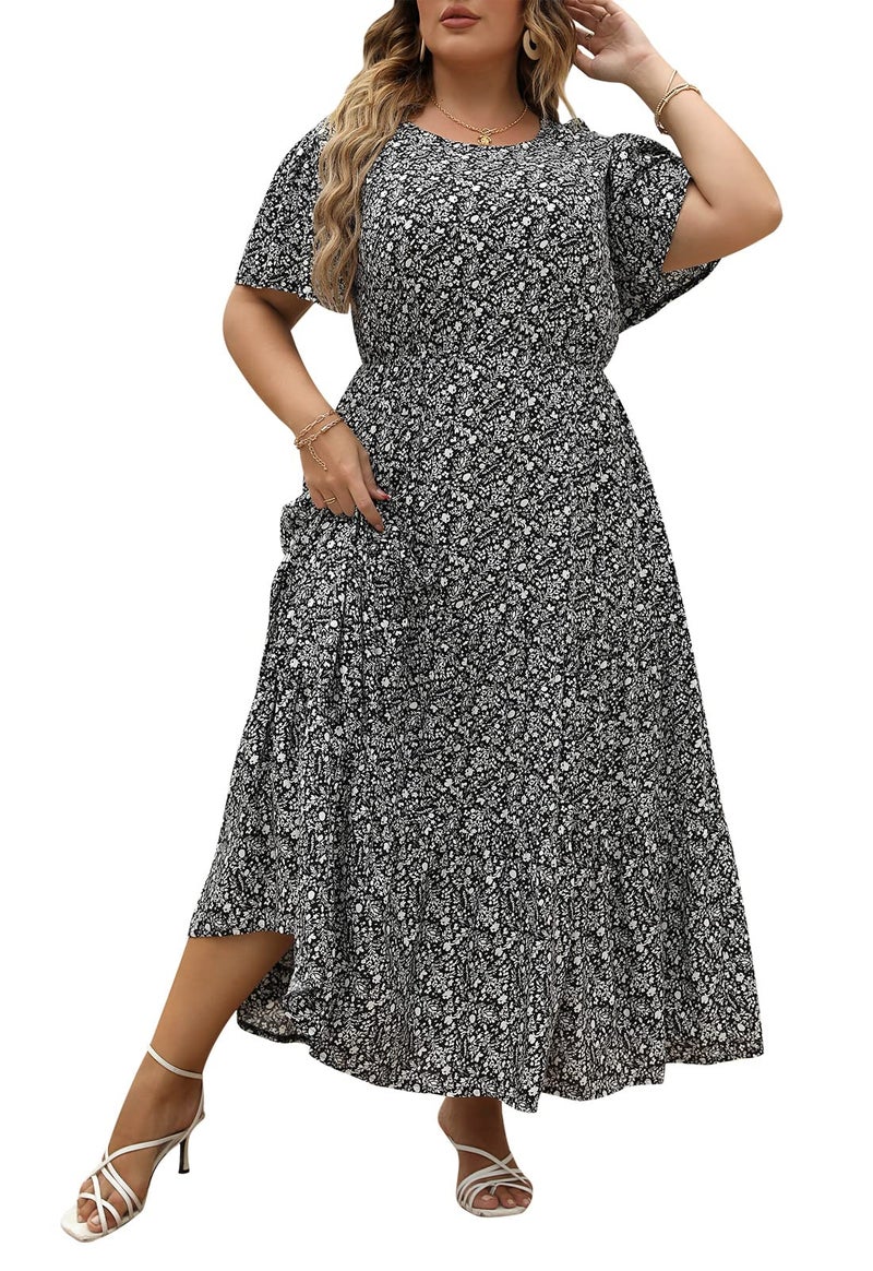 Nemidor Plus Size Maxi Dresses for Curvy Women Summer Casual Boho Ditsy Floral Print Layered Flared Long Dress with Pocket(304,20,Black Print) - Image 1