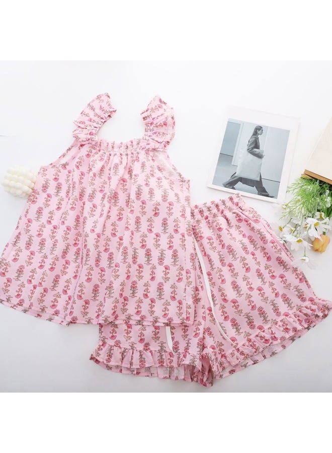 Flygo Floral Pajama Sets for Women 2 Piece Lounge Set Ruffle Cami Top and Shorts Pj Set Sleepwear, Rose, S - Image 3