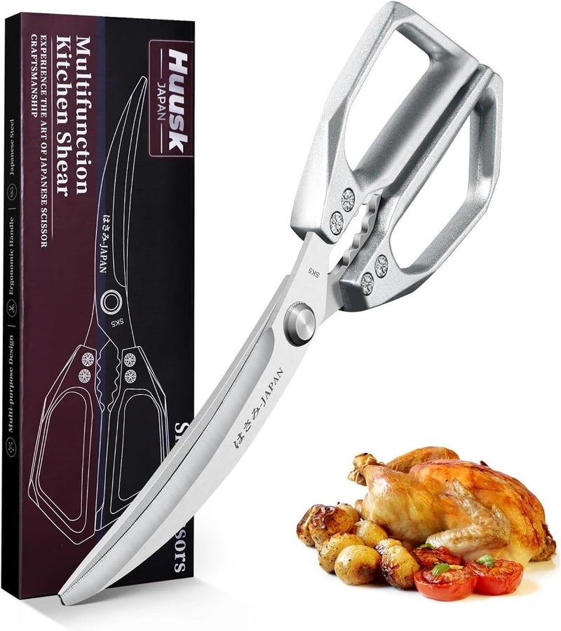 Huusk Kitchen Scissors Silver - Stainless Steel Kitchen Shears for Food, Japanese Cooking Scissor, Sharp Meat Scissors Dishwasher Safe, Heavy Duty Poultry Shears for Chicken, Christmas Gifts for Women - Image 1