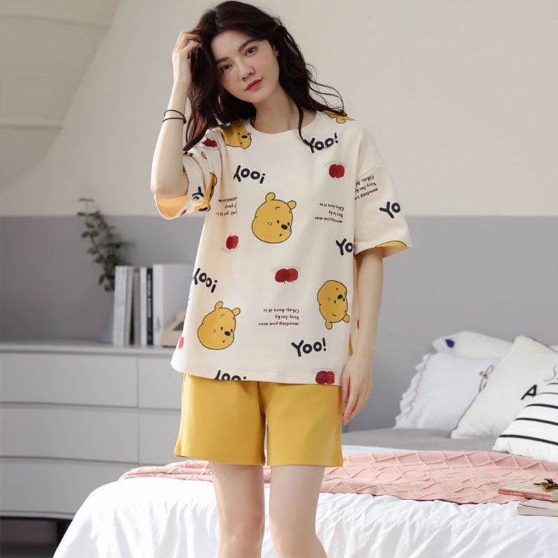 Summer Lightweight Pajama Set Womens Short Sleeve Cartoon Sleepwear apple pooh bear