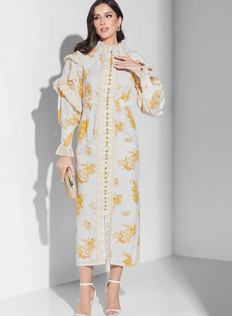 Threadz by Ajooni Embroidered Ruffle Sleeve Dress