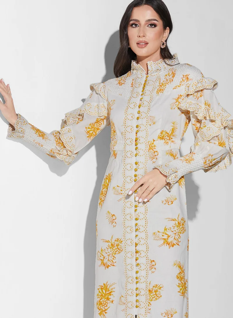 Threadz by Ajooni Embroidered Ruffle Sleeve Dress